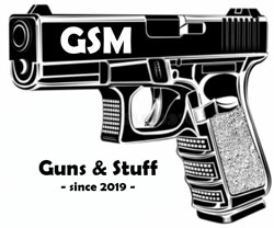 Pistole auf weißem Hintergrund mit Schriftzug  GSM